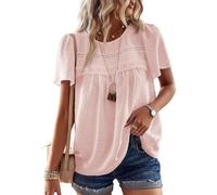 TUUHAW Top Mujer Verano Elegante Manga Corta Boho Blusa Encaje Túnica con Cuello Redondo Camisa Suelto Ropa Rosa Claro L