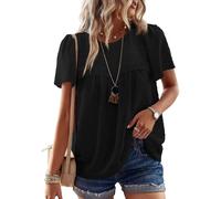 TUUHAW Top Mujer Verano Elegante Manga Corta Boho Blusa Encaje Túnica con Cuello Redondo Camisa Suelto Ropa Negro L