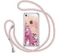 TUUT Funda para iPhone 5/5S/SE 2016 con Cuerda, Carcasa Brillante Transparente Silicona Protección Case con Ajustable Colgante Correa de Cuello Arena movediza Caso con Cadena Cordón, Rosa