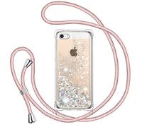 TUUT Funda para iPhone 5/5S/SE 2016 con Cuerda, Carcasa Brillante Transparente Silicona Protección Case con Ajustable Colgante Correa de Cuello Arena movediza Caso con Cadena Cordón, Oro Rosa