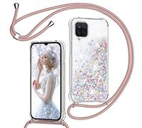 TUUT Funda para Samsung Galaxy A12 4G/M12 con Cuerda, Carcasa Brillante Transparente Silicona Protección Case con Ajustable Colgante Correa de Cuello Arena movediza Caso con Cadena Cordón, Oro Rosa