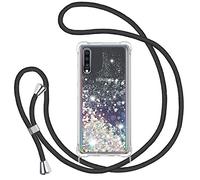 TUUT Funda para Samsung Galaxy A50/A50S/A30S con Cuerda, Carcasa Brillante Transparente Silicona Protección Case con Ajustable Colgante Correa de Cuello Arena movediza Caso con Cadena Cordón - Negro