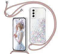 TUUT Funda para Samsung Galaxy S21 5G con Cuerda, Carcasa Brillante Transparente Silicona Protección Case con Ajustable Colgante Correa de Cuello Arena movediza Caso con Cadena Cordón - Oro Rosa