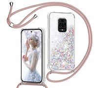 TUUT Funda para Xiaomi Redmi Note 9S/9 Pro/9 Pro MAX con Cuerda, Carcasa Brillante Transparente Silicona Protección Case con Colgante Correa de Cuello Arena movediza Caso con Cadena Cordón, Oro Rosa