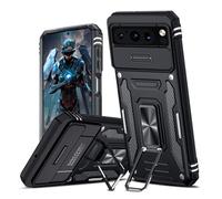 TUUTPU Funda para Google Pixel 8 Pro, Cubierta de cámara Deslizante Proteger Militar Antigolpes Protectora Carcasa con 360° Magnético Anillo Soporte Silicona TPU + PC Rugged Case Cover, Negro