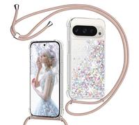 TUUTPU Funda para Google Pixel 9 Pro XL con Cuerda, Carcasa Brillante Transparente Silicona Protección Case con Ajustable Colgante Correa de Cuello Arena movediza Caso con Cadena Cordón, Oro Rosa