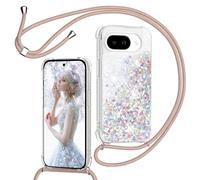 TUUTPU Funda para Google Pixel 9A con Cuerda, Carcasa Brillante Transparente Silicona Protección Case con Ajustable Colgante Correa de Cuello Arena movediza Caso con Cadena Cordón, Oro Rosa