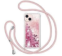 TUUTPU Funda para iPhone 13 6,1'' con Cuerda, Carcasa Brillante Transparente Silicona Protección Case con Ajustable Colgante Correa de Cuello Arena movediza Caso con Cadena Cordón, Rosa