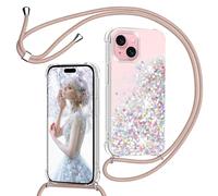 TUUTPU Funda para iPhone 13 Mini 5,4'' con Cuerda, Carcasa Brillante Transparente Silicona Protección Case con Ajustable Colgante Correa de Cuello Arena movediza Caso con Cadena Cordón, Oro Rosa