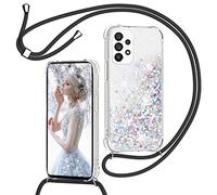 TUUTPU Funda para Samsung Galaxy A13 4G con Cuerda, Carcasa Brillante Transparente Silicona Protección Case con Ajustable Colgante Correa de Cuello Arena movediza Caso con Cadena Cordón, Negro
