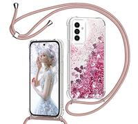 TUUTPU Funda para Samsung Galaxy A15 5G/4G con Cuerda, Carcasa Brillante Transparente Silicona Protección Case con Ajustable Colgante Correa de Cuello Arena movediza Caso con Cadena Cordón, Rosa