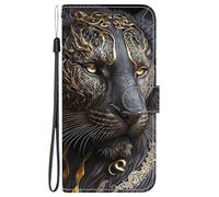 TUUTPU Funda para Samsung Galaxy A17 5G/4G, Carcasa Tapa Libro Movil Avanzado PU Billetera Caso Ranuras Tarjetas Función Soporte Cierre Magnético Cuero Flip Wallet Antigolpes Case, León Negro de Oro