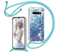 TUUTPU Funda para Samsung Galaxy S10 4G con Cuerda, Carcasa Brillante Transparente Silicona Protección Case con Ajustable Colgante Correa de Cuello Arena movediza Caso con Cadena Cordón, Azul