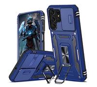 TUUTPU Funda para Samsung Galaxy S23 Ultra 5G, Cubierta de cámara Deslizante Proteger Militar Antigolpes Protectora Carcasa con 360° Magnético Anillo Soporte Silicona TPU + PC Rugged Case Cover, Azul
