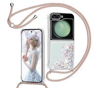 TUUTPU Funda para Samsung Galaxy Z Flip 5 con Cuerda, Carcasa Brillante Transparente Silicona Protección Case con Ajustable Colgante Correa de Cuello Arena movediza Caso con Cadena Cordón, Oro Rosa
