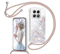 TUUTPU Funda para Xiaomi 14T/14T Pro con Cuerda, Carcasa Brillante Transparente Silicona Protección Case con Ajustable Colgante Correa de Cuello Arena movediza Caso con Cadena Cordón, Oro Rosa