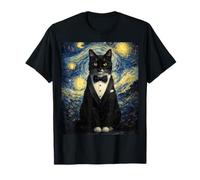 Tuxedo Cat Starry Night Van Gogh Inspired Painting Black Cat Camiseta