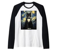 Tuxedo Cat Starry Night Van Gogh Inspired Painting Black Cat Camiseta Manga Raglan
