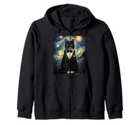 Tuxedo Cat Starry Night Van Gogh Inspired Painting Black Cat Sudadera con Capucha