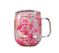 Tuxuseo Taza de transparente de doble pared con flores secas y asa, apta para lavavajillas, taza de té de flores para el hogar, práctica para el invierno y el uso al aire libre