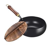 Tuxuseo Wok chino hecho a mano | Sartén de hierro fundido con tapa y mango de madera | 24 cm de diámetro mango de madera antiguo Big Belly Wok sin recubrimiento Cocina de Cocina de inducción