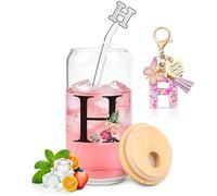TUZELIYA H Regalos personalizados con letras - Vaso de cristal con tapa y pajita + llavero carta - Regalo para mujeres y niñas, cumpleaños, San Valentín y Navidad