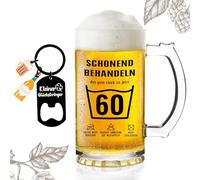 TUZELIYA Jarra de cerveza de 60 cumpleaños con texto en inglés "Bear" para 60 cumpleaños + llavero abrebotellas, regalo para hombres y mujeres, jarra de cerveza de 0,5 l