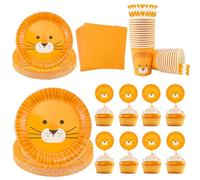 TUZHE 150 Platos de León para 25 Invitados, Decoración de Cumpleaños de Safari, con Platos en Dos Tamaños, Vasos, Servilletas, Pajitas, Cupcakes