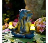Tuzsocr Elefante decorativo con lámparas solares, decoración de jardín de elefante de yoga, estatua de elefante de meditación, luces LED, para sentarse al aire libre, figurita de rana, resistente a la