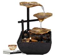 Tuzsocr Fuente de habitación de 3 niveles, cascada de mesa con iluminación LED, moderna decoración de mesa Zen, meditación y relajación, para casa, oficina, jardín, salón, 21 cm de alto (dorado)