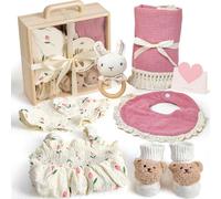 TUZT Regalos Bebes Recien Nacidos Niña, Cesta Bebé Recién Nacid con Body Bebe Calcetines Baberos Doudou Manta Muselinas Caja de Madera Sonajero Bebe Recien Nacido por Baby Shower
