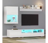 TV Wohnwand-set con vitrina, 175 x 39 x 34 cm, juego completo, 3 unidades, incluye tabla de TV, estantería de pie y estantería de pared, juego de muebles de salón con LED y brillante, mueble de TV de