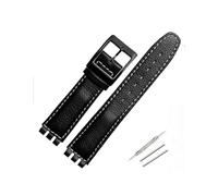TVKSIPAR Correa de cuero de 17mm apta for Swatch Lychee, correa de reloj de cuero for hombres y mujeres, accesorios de pulsera de repuesto, hebilla de Metal(Black white)