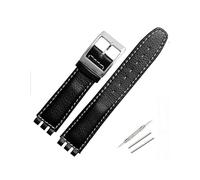 TVKSIPAR Correa de cuero de 17mm apta for Swatch Lychee, correa de reloj de cuero for hombres y mujeres, accesorios de pulsera de repuesto, hebilla de Metal(Black white silver)