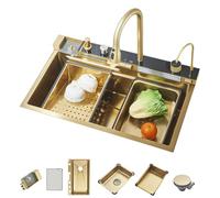 TVTIUO Fregadero de Cocina Multifuncional de Oro Cepillado con Grifo Extraible y Accesorios, Fregadero de Cocina de Acero Inoxidable con Pantalla Digital (75 cm X 45 cm)