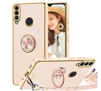 TVVTPU Funda para Huawei P30 Lite con Cuerda y Anillo de Soporte 360°, Carcasa Galvanizado Suave TPU Bumper Antigolpes Móvil Case con Ajustable y Retirable Collar, Rosa
