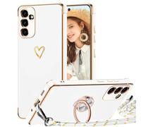 TVVTPU Funda para Samsung Galaxy A14 4G/5G con Cuerda y Anillo de Soporte 360°, Carcasa Galvanizado Suave TPU Bumper Antigolpes Móvil Case con Ajustable y Retirable Collar, Blanco