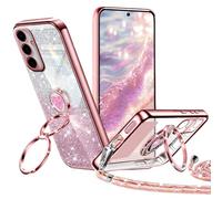 TVVTPU Funda para Samsung Galaxy A15 5G/4G con Cuerda, Carcasa Glitter Corazón Doble Soporte de Ring Anillo Caso Suave Silicona Antigolpes Antiarañazos Ajustable Collar Case, Oro Rosa