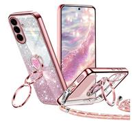 TVVTPU Funda para Samsung Galaxy A17 5G con Doble Soporte, Carcasa Corazón Protectora Glitter Purpurina Brillante con Cuerda Ring Anillo Antigolpes Collar para Mujeres y Niñas Case, Oro Rosa