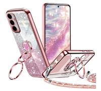 TVVTPU Funda para Samsung Galaxy A55 5G con Doble Soporte, Carcasa Corazón Protectora Glitter Purpurina Brillante con Cuerda Ring Anillo Antigolpes Collar para Mujeres y Niñas Case, Oro Rosa