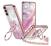 TVVTPU Funda para Samsung Galaxy A56 5G con Doble Soporte, Carcasa Corazón Protectora Glitter Purpurina Brillante con Cuerda Ring Anillo Antigolpes Collar para Mujeres y Niñas Case, Oro Rosa