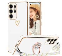 TVVTPU Funda para Samsung Galaxy S23 Ultra con Cuerda y Anillo de Soporte 360°, Carcasa Galvanizado Suave TPU Bumper Antigolpes Móvil Case con Ajustable y Retirable Collar, Blanco