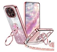TVVTPU Funda para Xiaomi Redmi Note 14 Pro/Poco X7 5G con Doble Soporte, Carcasa Corazón Protectora Glitter Purpurina Brillante con Cuerda Anillo Antigolpes Collar para Mujeres y Niñas Case, Oro Rosa