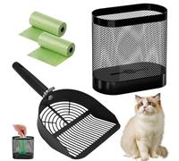 TW1TGOFT Juego de cucharas de arena de metal para gatos, cuchara para excrementos de gato con soporte, cubo de malla y bolsas de desechos, juego de pala de arena portátil, duradero, gran capacidad
