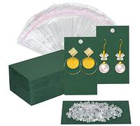 Twavang Juego de 100 soportes para tarjetas de aretes de papel kraft, 100 pares de soportes transparentes para aretes con 100 bolsas autoadhesivas para exhibición de aretes y joyas (verde, 3.5 x 2