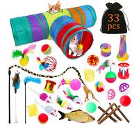 TWBEST Juguetes para Gatos - Set 33pcs Interactivo Con Túnel, Ratones, Hierba Gatera, Varita de Plumas, Peces, Bolas y Campanas