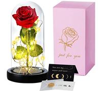 TWBEST Rosa Eterna, Kit Elegante Con Cúpula de Cristal, Base Pino, Luces LED y Tarjeta de Felicitación - Bella y Bestia Para San Valentín, Día de Madre, Boda