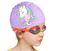 TWEBFCHX Gorro de natación para niños de 4 a 12 años, silicona impermeable con bonitos patrones (B-morado)