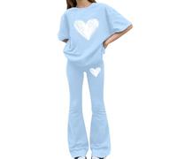 Tween Girls Spring - Camisa de manga corta con estampado de lazo, pantalones elásticos acampanados y suaves para la escuela y actividades diarias al aire libre (1C-azul cielo, 12-13 años)