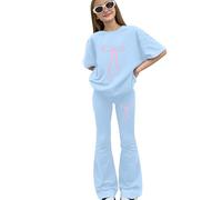 Tween Girls Spring - Camisa de manga corta con estampado de lazo, pantalones elásticos acampanados y suaves para la escuela y actividades diarias al aire libre (1A-azul cielo, 11-12 años)